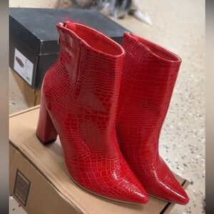 Red Croc-Embossed Ankle Boots